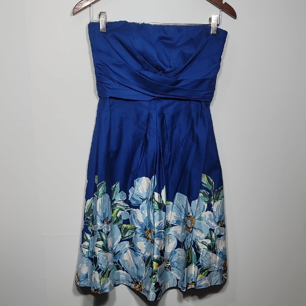 Donna Ricco Strapless Dress in Royal Blue with White Floral Accents
